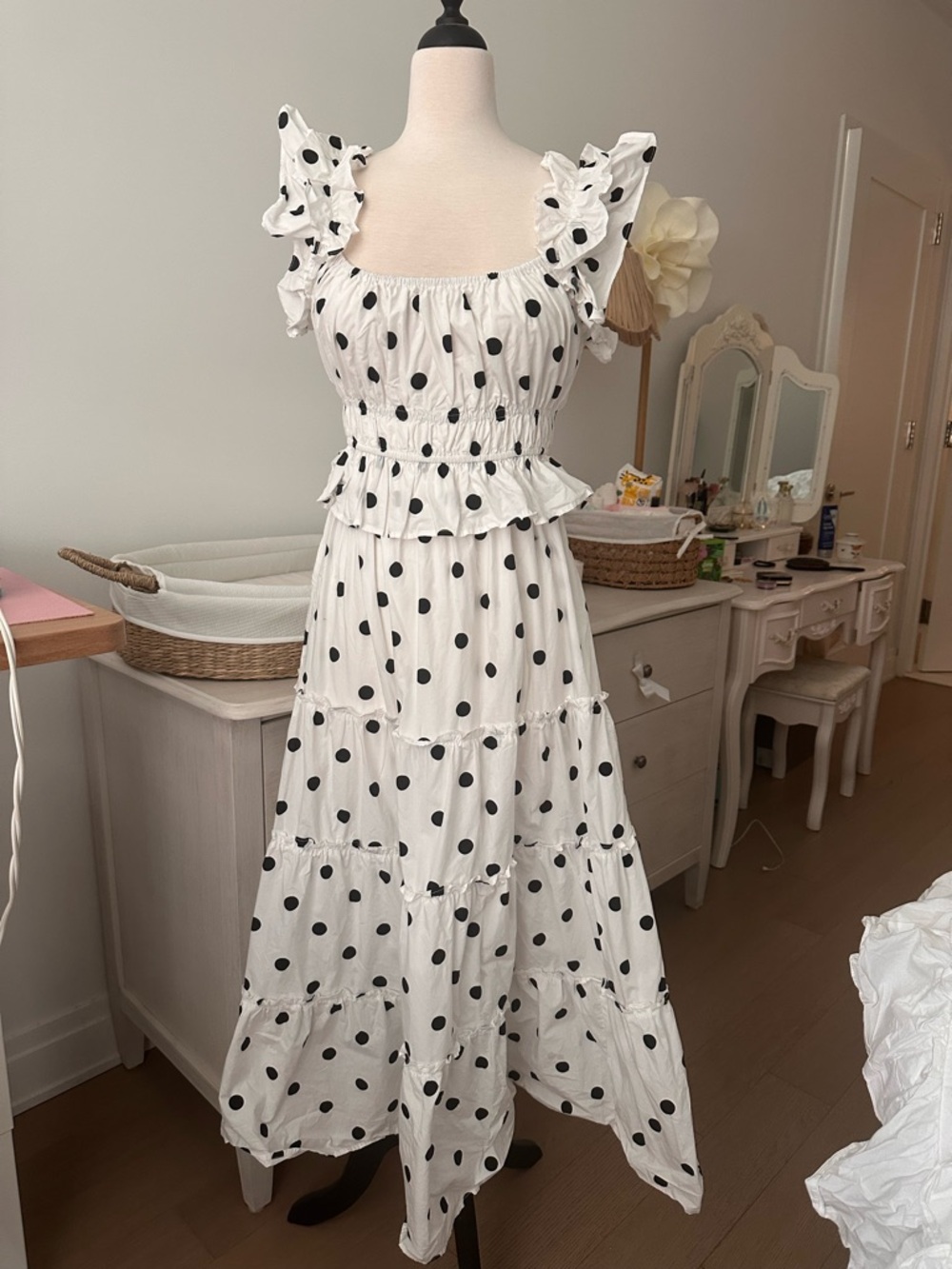 Polka Dot Ruffle Maxi Dress in White and Black